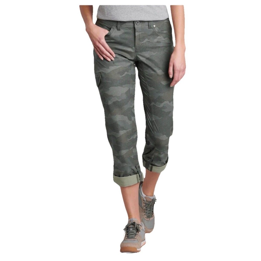 Kuhl Cargo Pants Sz 6 Women’s Freeflex Roll Up Stretch Camo Green Outdoor Hiking
